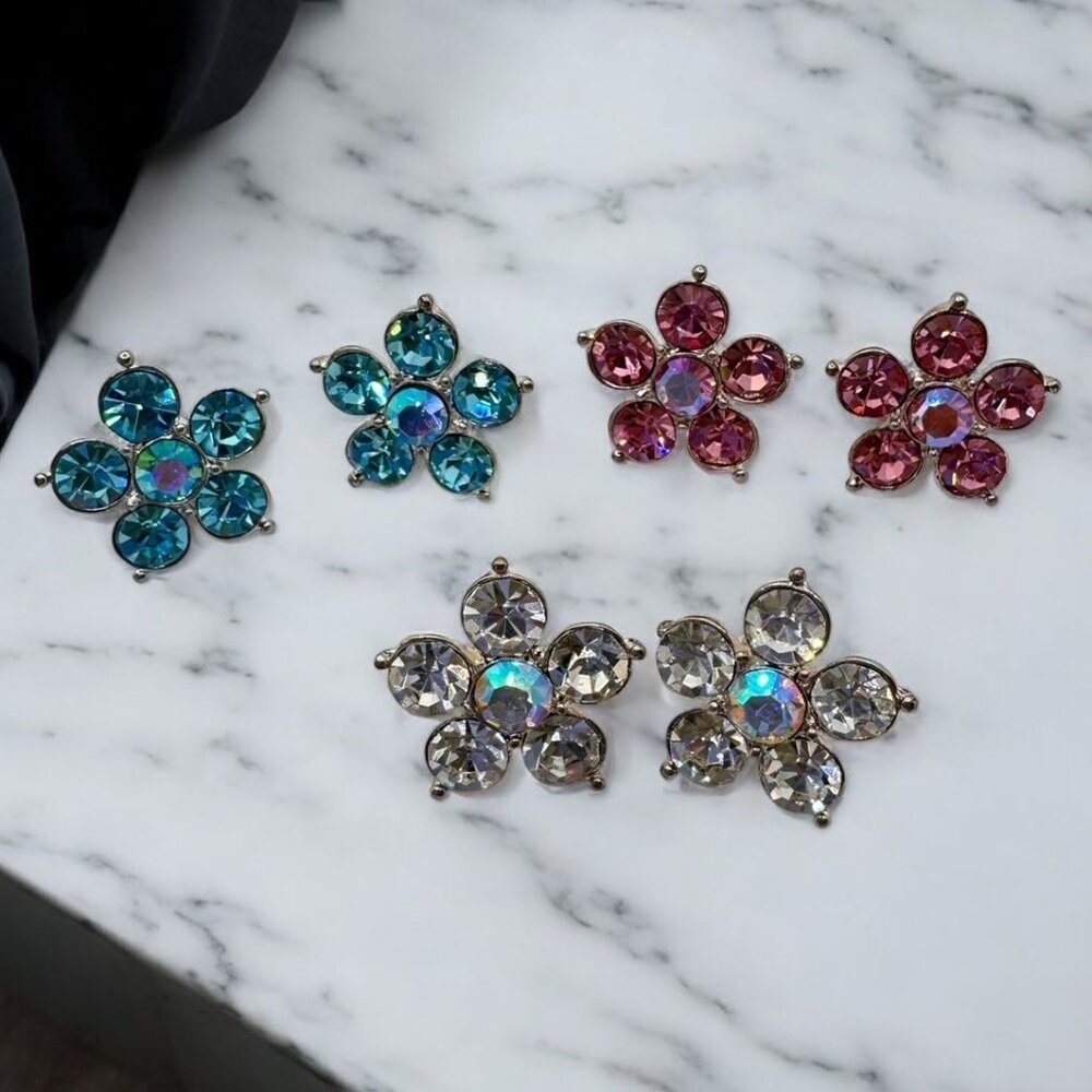 Lot of 3 Crystal Flower Earrings Fashion Blue Pink White‎ Pierced